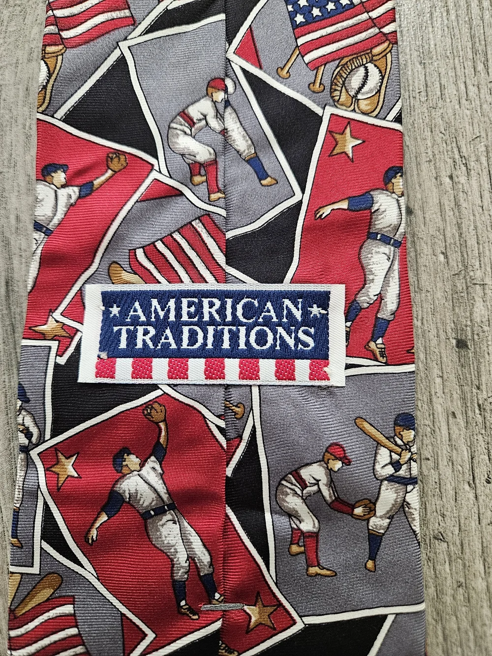 Patriotic 100% Italian Silk Baseball Print Men's Tie in Red & Gray Made In USA